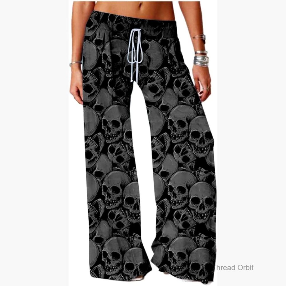 Plus Size Skull Print Active Yoga Pants High Waisted Wide Leg